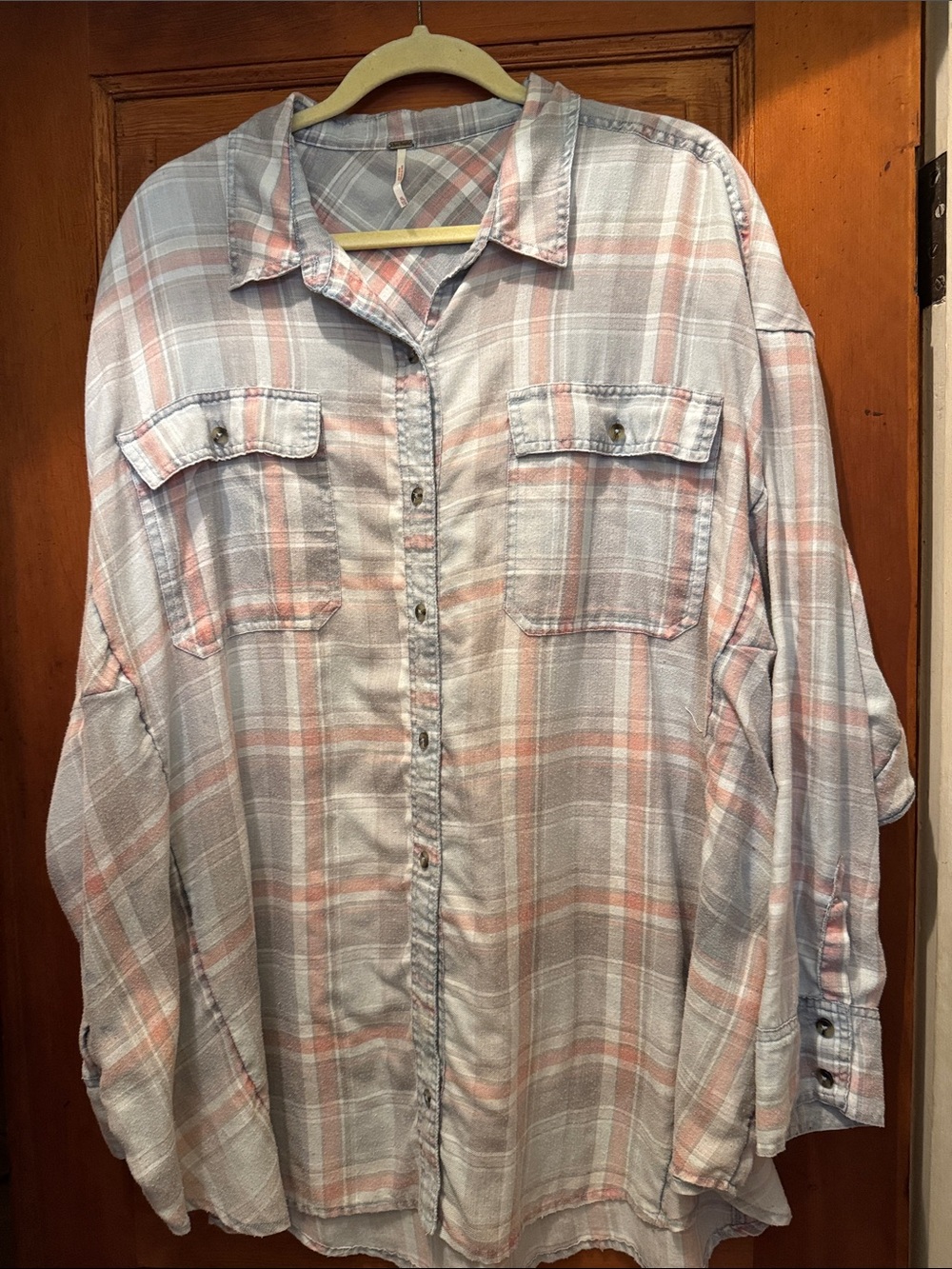 Free People Plaid Button-Down Shirt in Light Blue and Pink